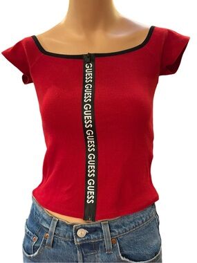 GUESS Logo Tape Zip Front Rib Knit Top Cherry Red Black Y2K Size S